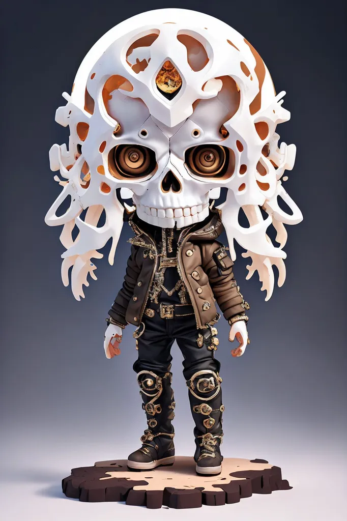 This image shows a 3D rendering of a skeleton wearing a brown leather jacket and black pants with gold accents. The skeleton's head is a large white skull with glowing yellow eyes. The skeleton is standing on a brown platform. The background is a dark grey gradient.