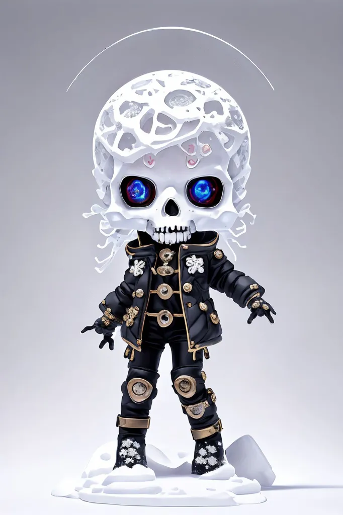 This is a 3D rendering of a figurine. It is a little cartoonish and looks like it could be a character from a video game or anime. The figurine is wearing a black jacket with gold trim and white gloves and boots. It has a skull for a head with glowing blue eyes. It is standing on a small platform.