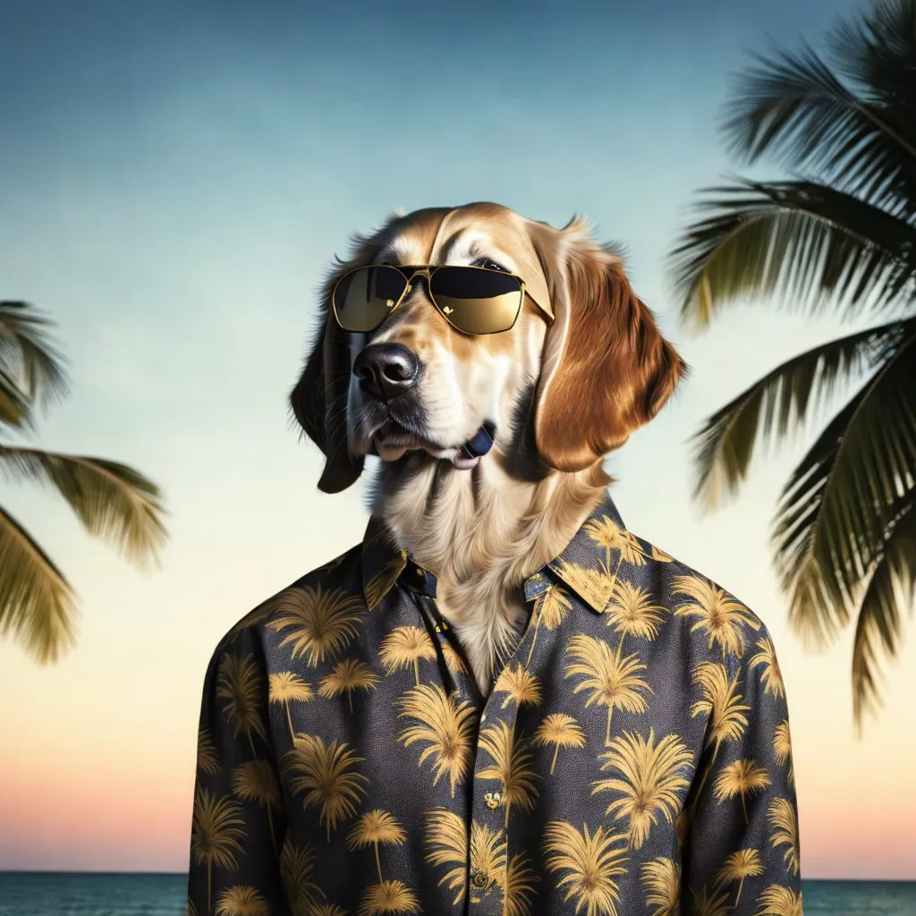 The image shows a golden retriever dog wearing a hawaiian shirt with a palm tree pattern and sunglasses. The dog is standing in front of a beach with palm trees and the ocean in the background. The sky is a gradient of orange and yellow.