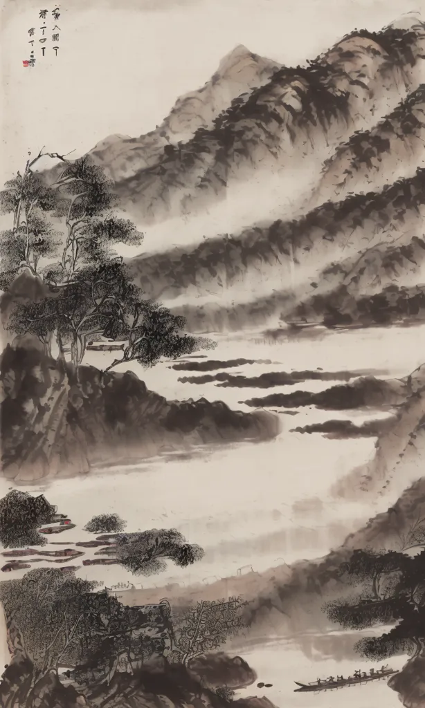 The image is a Chinese landscape painting in the style of the Song dynasty. It is a vertical scroll, and the artist has used a variety of brushstrokes to create the different textures of the mountains, trees, and water. The painting is very detailed, and the artist has captured the beauty of the natural world.

The painting is divided into three main sections. The top section is dominated by the mountains. The mountains are covered in trees, and the artist has used a variety of brushstrokes to create the different textures of the trees. The middle section of the painting is occupied by the river. The river is wide and calm, and the artist has used a variety of brushstrokes to create the different textures of the water. The bottom section of the painting is dominated by the trees. The trees are tall and leafy, and the artist has used a variety of brushstrokes to create the different textures of the leaves.

The painting is very detailed, and the artist has captured the beauty of the natural world. The mountains are majestic, the river is calm and serene, and the trees are lush and green. The painting is a reminder of the beauty of nature, and it is a reminder that even in the midst of a busy city, there is always beauty to be found.