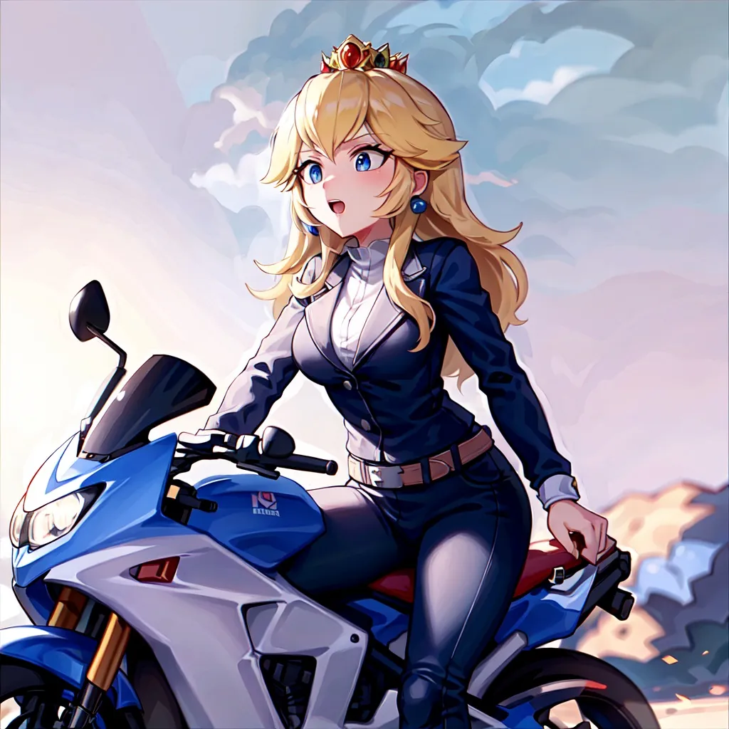 The image shows a young woman with long blonde hair and blue eyes. She is wearing a blue suit jacket and black pants. She is also wearing a crown and has a pearl necklace. She is sitting on a blue motorcycle and looking at the viewer with a surprised expression on her face. There are clouds in the background.