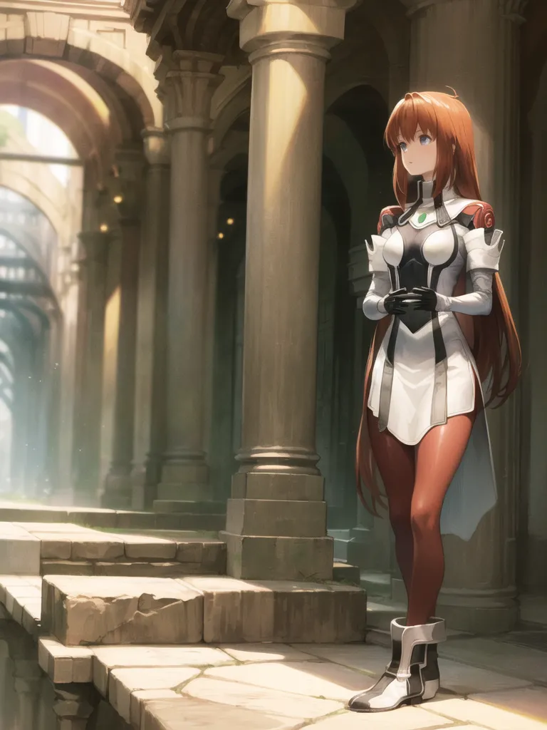 The image is of a young woman with long brown hair and red eyes. She is wearing a white and gray bodysuit with a long white skirt and black boots. She is standing in a stone hallway with large columns. There is a glow of light coming from the right side of the image.