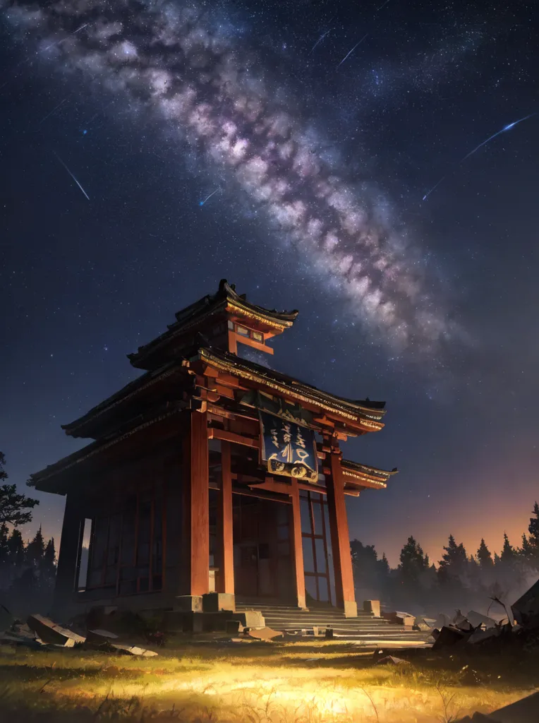 The image is a beautiful night scene of a Japanese temple. The temple is made of wood and has a red roof. It is surrounded by trees and there is a starry night sky above. There is a stone path leading up to the temple and there are two lanterns on either side of the path. The temple is lit up from the inside and there is a warm glow coming from the windows. The scene is peaceful and serene.