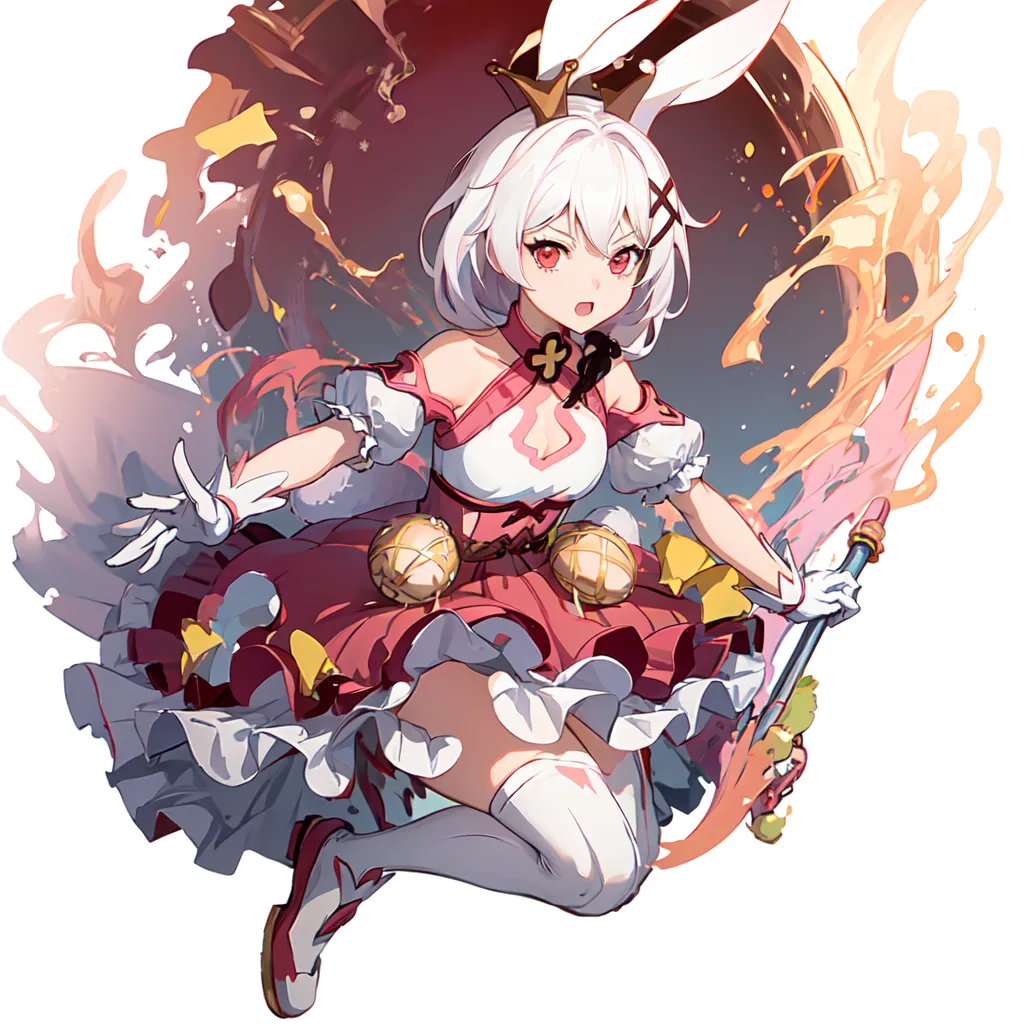 The image is of a young girl with white hair and rabbit ears. She is wearing a red and white dress with a crown on her head. She is also holding a sword and there are flames surrounding her. The background is white with a gradient of red and orange.