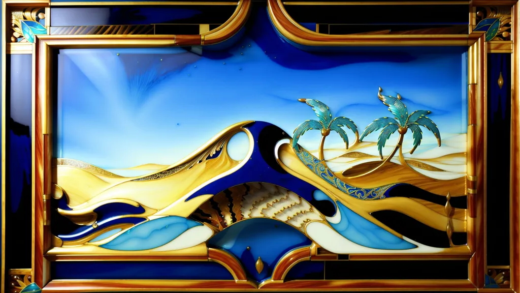 The image is a rectangular stained glass panel with a blue background and a gold frame. The panel is divided into three sections. The left section shows a blue wave crashing against a sandy beach. The middle section shows a palm tree with green leaves and brown bark. The right section shows a white wave crashing against a sandy beach. The panel is surrounded by a gold frame with intricate designs.