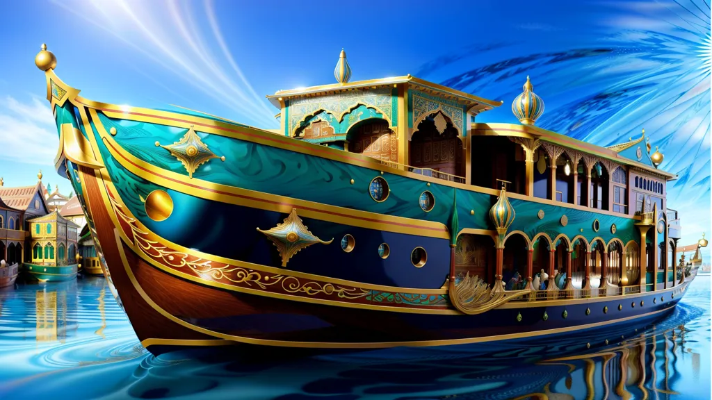 The image shows a large and ornate boat. The boat is mostly blue and green, with intricate golden decorations. There are several buildings in the background, and the boat is surrounded by water. The sky is blue and there are some clouds. The boat has two decks, with the lower deck having several portholes and the upper deck having arched windows. There is a golden figurehead on the bow of the boat.