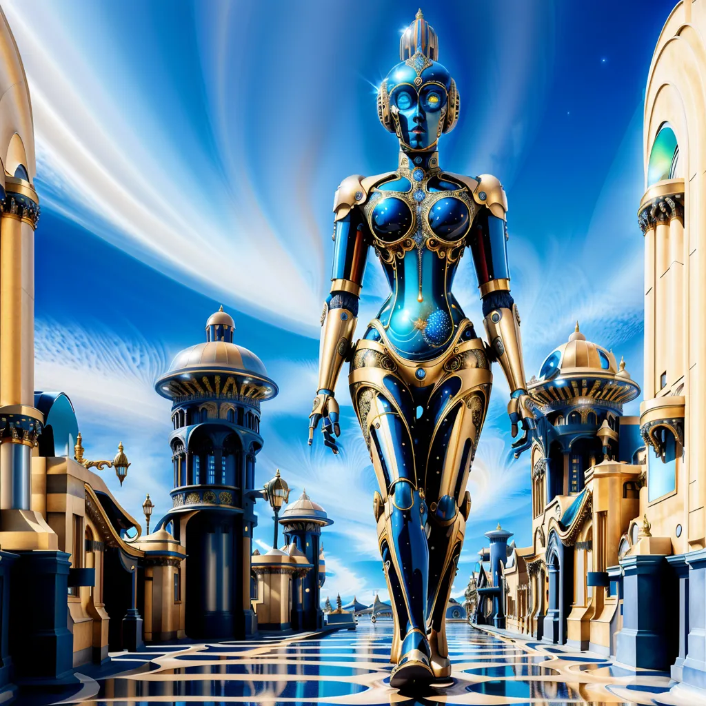 The image is of a blue and gold robot woman walking through a city. The city is made of blue and gold buildings, and the sky is light blue with white clouds. The robot woman is wearing a blue and gold dress, and she has a blue and gold headdress. She is also wearing blue and gold boots. The robot woman is walking towards the viewer, and she has a confident expression on her face.