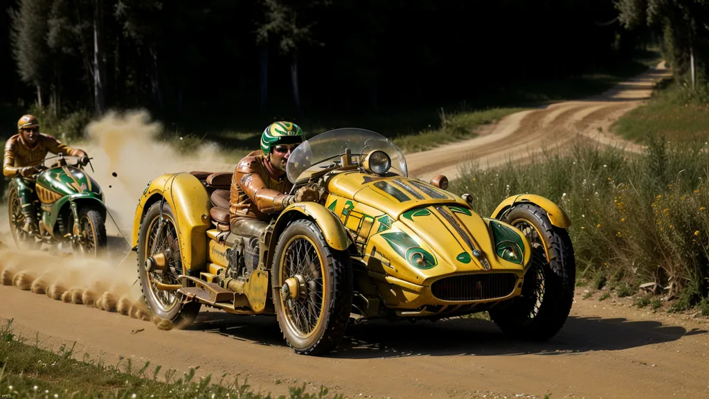 Görüntü, sarı bir vintage araba ve bir motosikletin toprak bir yolda yarıştığını gösteriyor. Araba öndedir ve motosiklet hemen arkasındadır. Arabanın ön ve arka kısmında 4 numarası yazılıdır. Motosikletin ön kısmında ise 3 numarası yazılıdır. Araba ve motosiklet çok hızlı gitmektedir ve sürücüler gözlerini tozdan korumak için gözlük takmaktadır. Görüntünün arka planı bir ormandır ve ağaçlar bulanıktır, bu da görüntüye bir hız hissi vermektedir. Görüntü düşük bir açıdan çekilmiştir, bu da araba ve motosikleti daha baskın göstermektedir.