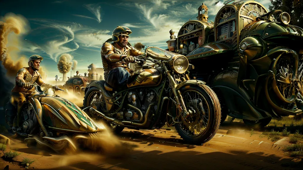 The image shows a man riding a motorcycle. He is wearing a helmet and goggles. The motorcycle is steampunk styled with a sidecar. There is another man riding a similar motorcycle next to him. They are riding in a desert landscape with a large vehicle in front of them. The sky is cloudy and there are mountains in the distance.