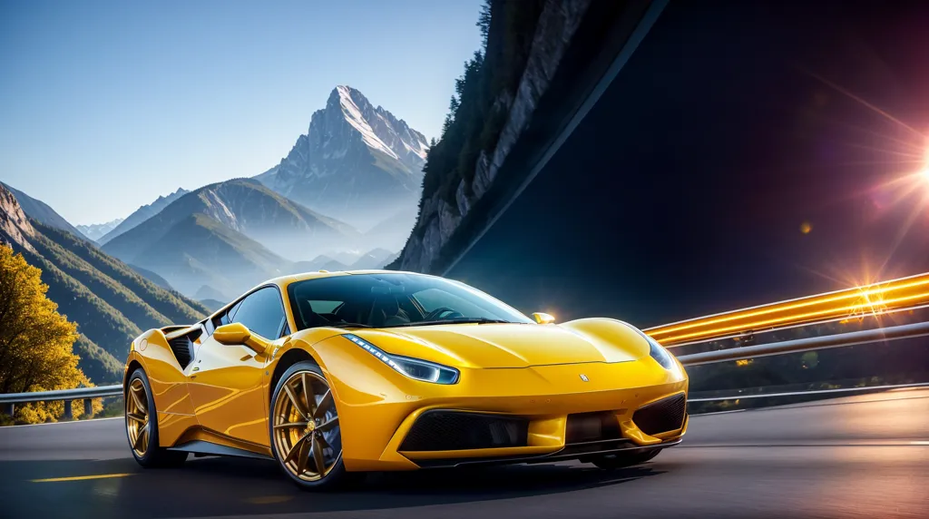 A bright yellow sports car is on an asphalt road in the mountains. The car is in the foreground and is facing the viewer. The background is a mountain range with a blue sky and white clouds. The car is sleek and has a low profile. It has a spoiler on the back and large wheels. The road is winding and has a yellow line down the middle. There is a guardrail on the side of the road. The car is moving fast and is blurred in the image.