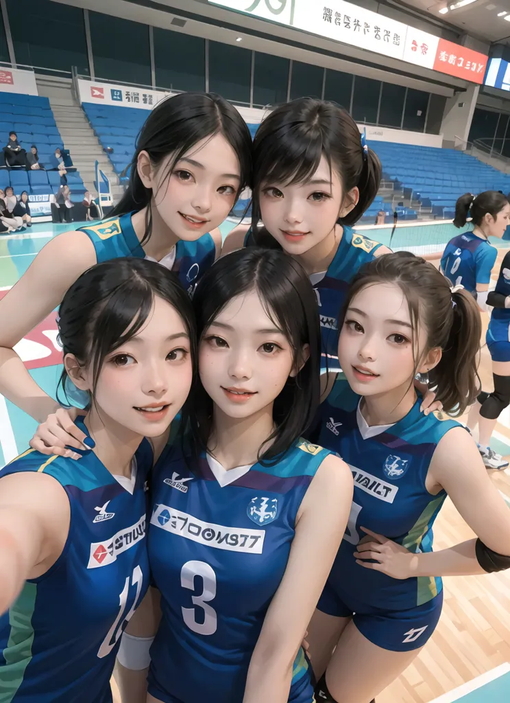 The image shows five young women standing closely together on a volleyball court. They are all wearing the same blue and green volleyball uniforms. The woman in the middle is slightly taller than the others and has her arm around the woman to her left. She has a bright smile on her face. The woman to her left is shorter, with dark hair and a shy smile. She is looking at the camera. The woman to the right of the woman in the middle is also smiling and has her arm around the woman next to her. She has brown hair that is pulled back in a ponytail. The woman next to her has long black hair and is looking down at the woman in the middle. She has a gentle smile on her face. The final woman is standing on the right of the group. She is looking at the camera with a confident smile. She has brown hair that is pulled back in a ponytail.