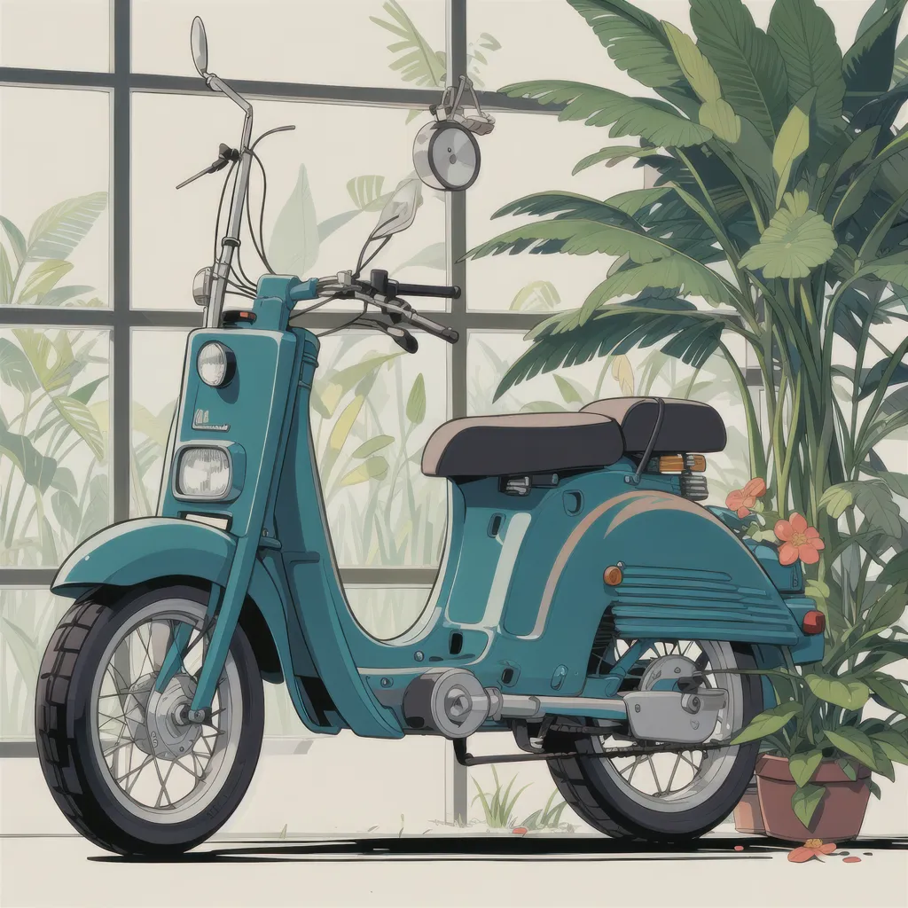 The image is of a blue moped parked in a greenhouse. The moped has a light on its front and a small mirror hanging from the left handlebar. There is a potted plant with red flowers next to the moped. The greenhouse has large windows and a tiled floor. There are many green plants in the greenhouse, including palm trees and ferns. The sun is shining through the windows of the greenhouse.