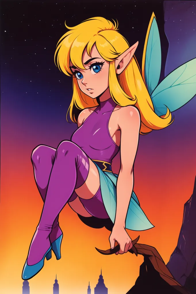 The image is of a blonde-haired, blue-eyed fairy wearing a purple leotard and green skirt. She is sitting on a rock in front of a sunset. She is looking at the viewer with a serious expression. She has fairy wings that are a light blue color. She is also wearing purple stockings and blue shoes.