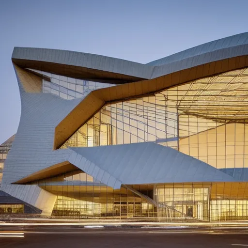 The image shows a modern building with a complex geometric shape. The building is made of glass and metal, with a silver color. It has a large, curved roof that is supported by a series of thin columns. The building is lit up from the inside, which creates a warm and inviting glow. There are no people in the image, which gives it a somewhat eerie feeling.