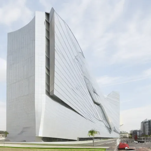 The image shows a modern office building with a unique and striking design. The building is located in a busy urban area, and its unusual shape and reflective surface make it stand out from the surrounding buildings. The building is clad in a series of aluminum panels that are arranged in a wave-like pattern, creating a dynamic and visually interesting façade. The panels are also reflective, which helps to create a sense of movement and light. The building's design is both elegant and eye-catching, and it is sure to become a new landmark in the city