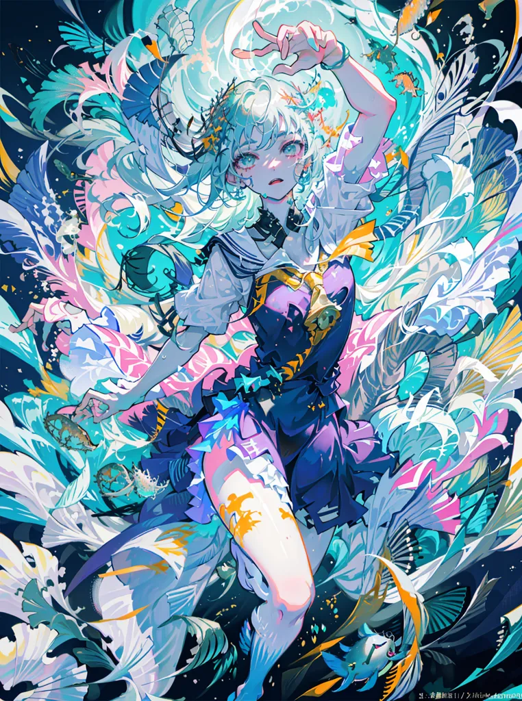 The image is a painting of a young woman with long, flowing hair in shades of white and blue. She is wearing a purple dress with a white collar and a blue sash. She is standing in a sea of colorful flowers and plants, and there are fish swimming around her. The background is a dark blue with a gradient to lighter blue at the top. The painting is very detailed and the colors are vibrant. The woman's expression is one of wonder and joy. She seems to be enjoying her surroundings and is at peace with herself.