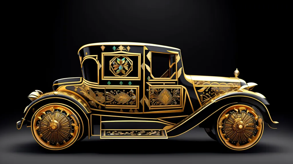 La imagen muestra un coche negro vintage con acentos dorados y verdes. El coche es de la década de 1920 o 1930. El coche es muy ornamentado y tiene mucho detalle intrincado. El coche está en perfecto estado y parece que se ha mantenido bien. El coche es una pieza de arte única.