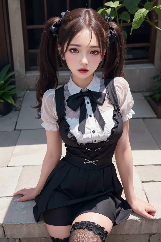 The image shows a young woman with long brown hair and brown eyes. She is wearing a white blouse, a black vest, and a black skirt. The blouse has a Peter Pan collar and a black bow tie. The vest has a lace overlay and a row of buttons down the front. The skirt is pleated and has a tulle underskirt. She is also wearing black stockings and black Mary Jane shoes. Her hair is styled in two pigtails with black bows. She is sitting on a stone step with her hands resting on her thighs. There is a potted plant behind her.