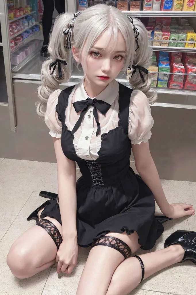 The image shows a young woman with white twintails and red lipstick. She is wearing a black dress with a white collar and a white bow. She is also wearing black stockings and black shoes. She is sitting on the ground in front of a shelf.