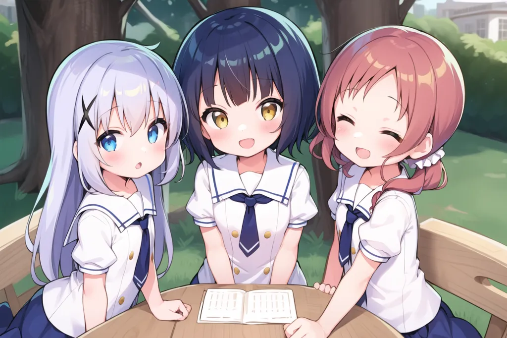 The image shows three anime girls sitting around a table in a park. The girl on the left has white hair and blue eyes, the girl in the middle has blue hair and yellow eyes, and the girl on the right has pink hair and green eyes. They are all wearing white shirts with blue ties and black skirts. The girl in the middle is holding a book.