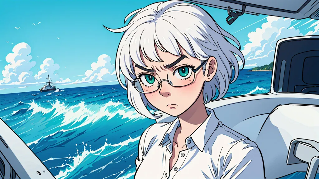 This is an illustration of a young woman standing at the helm of a speedboat. She is wearing a white shirt and glasses and has short white hair. The sea is rough and choppy, and there are white clouds in the sky. In the distance, there is a large ship. The woman is looking ahead with a determined expression on her face.