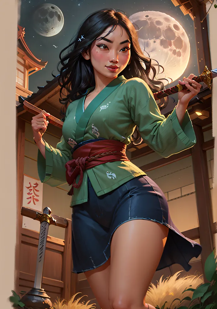 The image is of a young woman standing in front of a traditional Chinese building. She is wearing a green kimono-style shirt and a blue skirt. She has her hair tied up in a bun and is holding a sword in each hand. The background is a night sky with two moons.