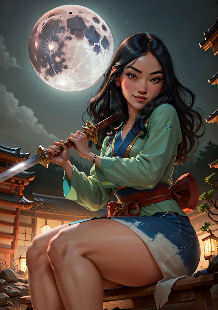 L'image représente une jeune femme assise sur un toit dans un cadre traditionnel chinois. Elle porte une chemise verte et une jupe bleue, et tient une épée à la main. La lune est pleine et il y a des nuages dans le ciel. La femme regarde le spectateur avec une expression confiante.