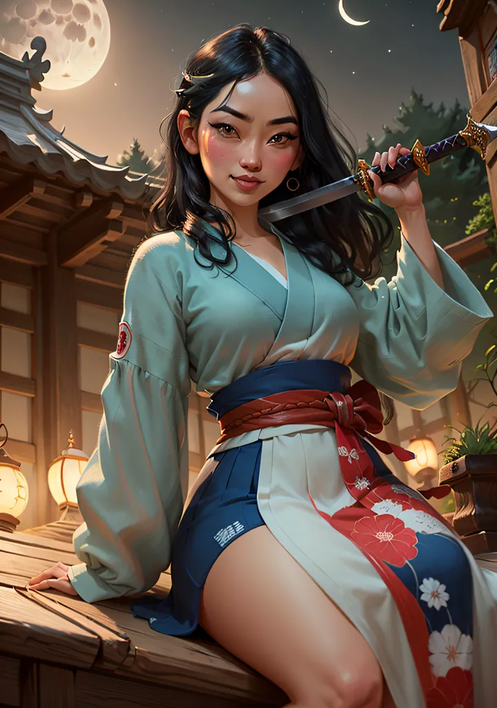 The image depicts an Asian woman in a kimono sitting on a wooden balcony. She has a knife in her hand and is looking at the viewer with a confident expression. The background is a night sky with a full moon.