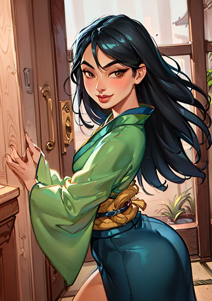 The picture shows a young woman, with long black hair, wearing a green kimono-style dress with a yellow obi sash and blue pants. She is standing in front of a door, with her right hand on the door handle, and looking at the viewer with a slight smile on her face.