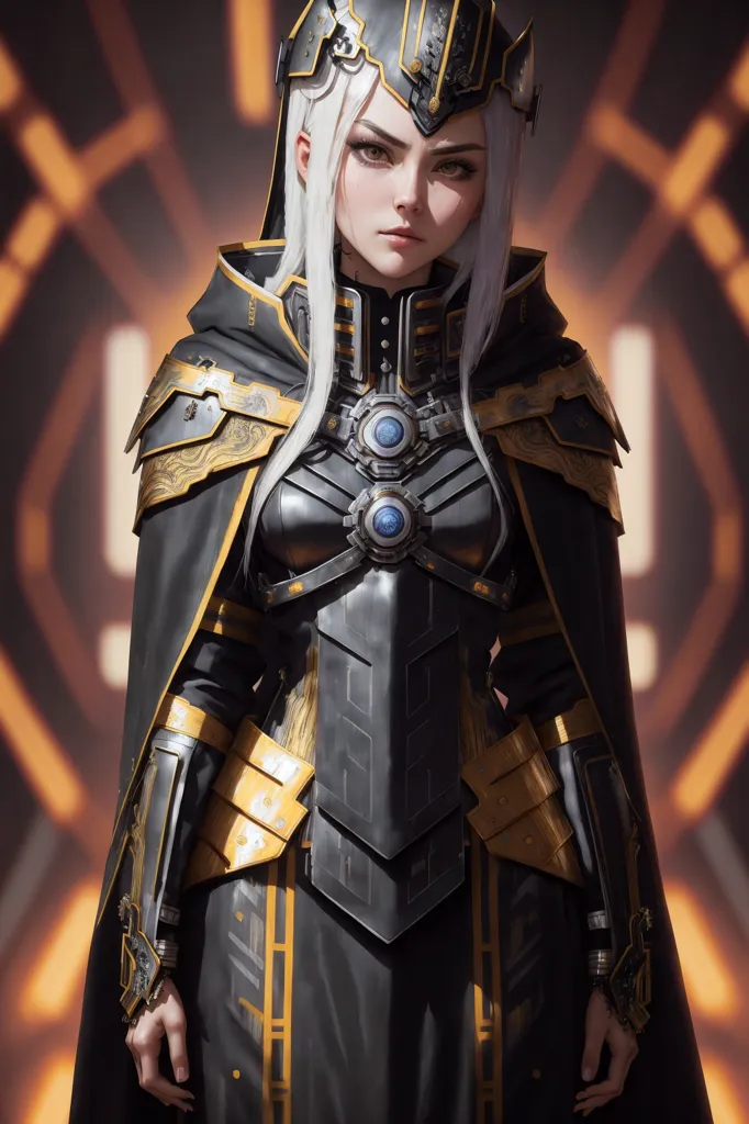 The image shows a woman with long white hair and silver eyes. She is wearing a black and gold suit of armor with a white cape. The armor has blue lights on it. She is standing in front of a dark background with a honeycomb pattern.