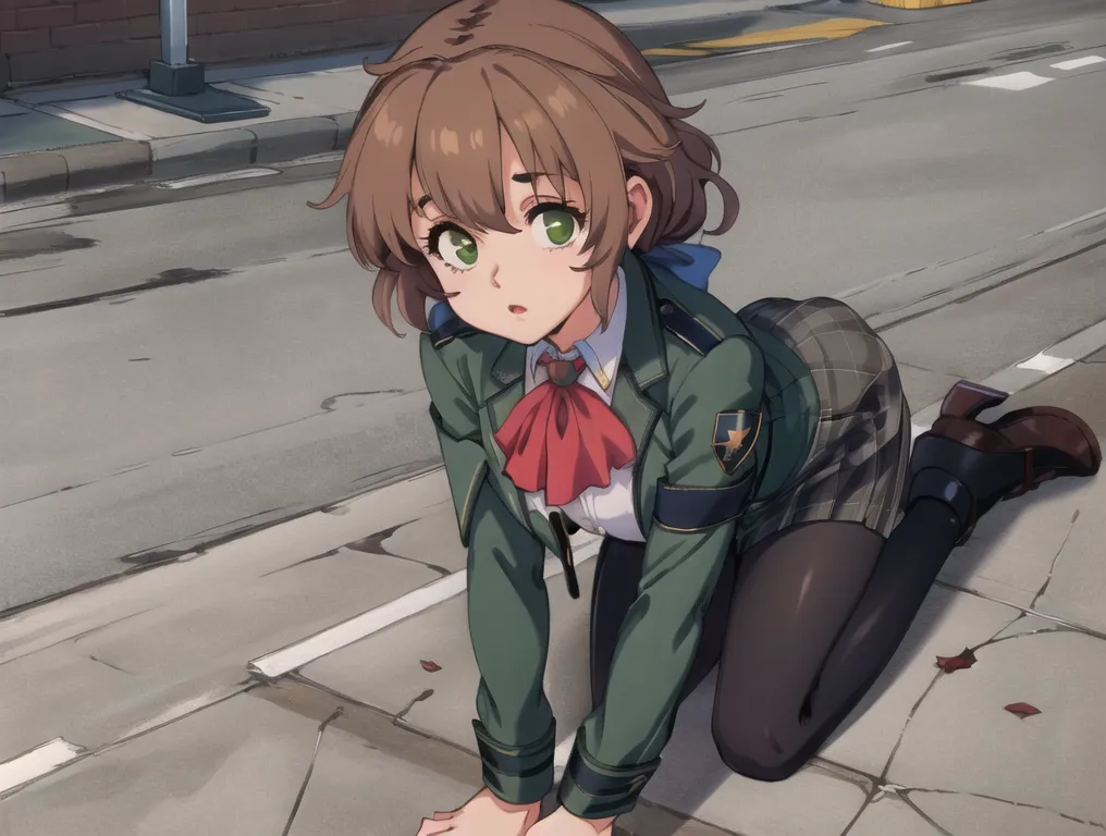 La imagen muestra a una chica de estilo anime con cabello castaño y ojos verdes. Lleva una chaqueta de estilo militar verde con una bufanda roja y una falda plisada gris. Está gateando en el suelo con las manos y las rodillas sobre el pavimento, mirando hacia atrás por encima del hombro con una expresión de miedo.