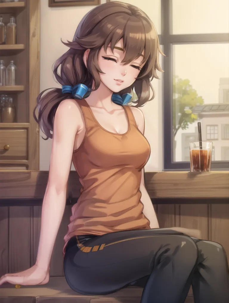 The image is a painting of a young woman with brown hair and blue eyes. She is wearing a brown tank top and black pants. She is sitting on a bar stool in a cafe. There is a glass of iced coffee on the counter next to her. The woman has a relaxed expression on her face and her eyes are closed. She is wearing a blue ribbon in her hair and there is a blue headband on the counter behind her. The cafe is decorated with wood paneling and there is a vase of flowers on the counter.