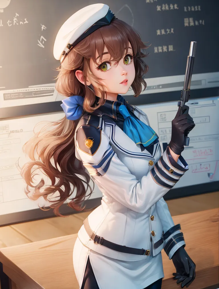 The image depicts an anime-style illustration of a young woman in a white naval uniform. She has brown hair and green eyes, and is wearing a white hat with a blue band. The woman is standing in front of a blackboard, and is holding a gun in her right hand. She has a serious expression on her face, and is looking at the viewer.