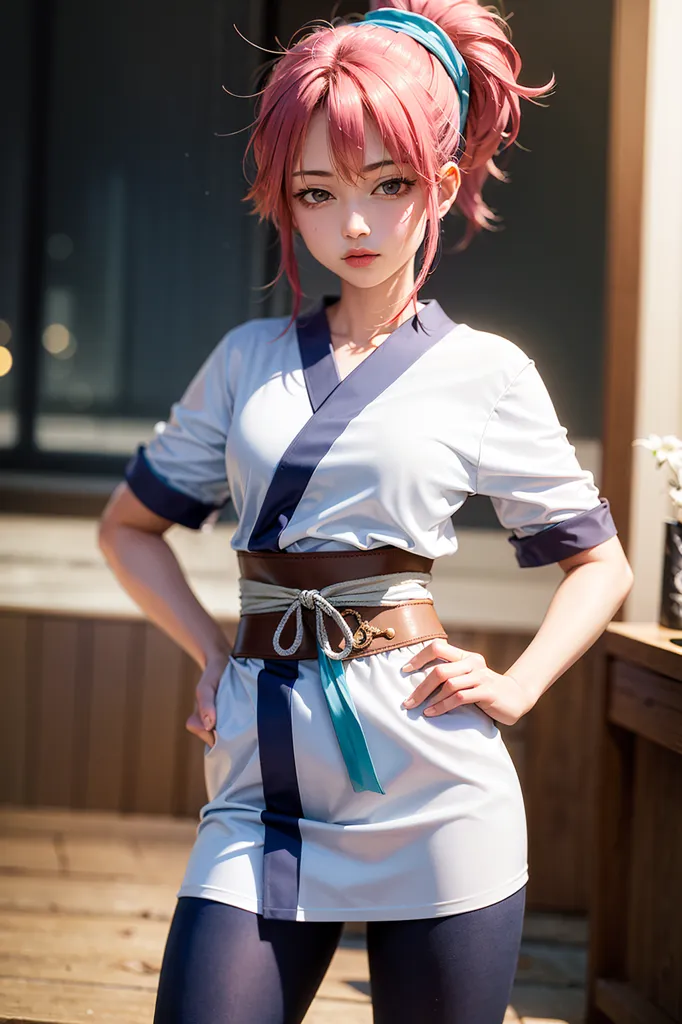 The image shows a young woman, with pink hair tied back in a ponytail, wearing a white and blue kimono-style dress with a brown belt and blue sash. She has her hands on her hips and is looking at the viewer with a serious expression. She is standing in a traditional Japanese house with wooden walls and floors.