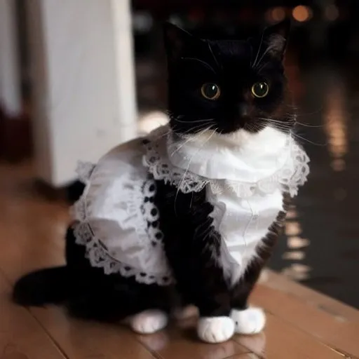 The image shows a black cat wearing a white lace dress with a large white collar. The cat is sitting on a wooden floor and looking at the camera with wide green eyes. The dress has a black lace overlay.