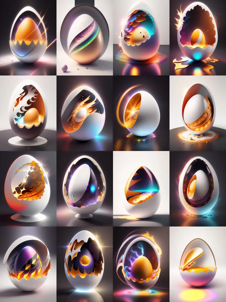 The image is a grid of 15 surreal eggs. Each egg is different, with its own unique design and color scheme. Some of the eggs are cracked, revealing the contents inside. Others are intact, with their contents hidden from view. The eggs are set against a dark background, which makes them stand out.