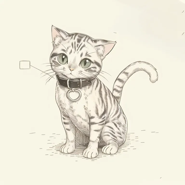 La imagen es un dibujo de un gato. Es un gato gris y blanco con ojos grandes y una nariz rosa. Lleva un collar negro con una etiqueta con forma de corazón. El gato está sentado sobre una superficie blanca y mira al espectador. El dibujo está hecho en un estilo realista y el pelaje del gato está particularmente bien representado.