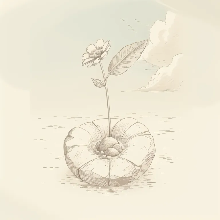 The image is a drawing of a flower growing out of a cracked rock. The flower is in full bloom and has a single leaf. The rock is surrounded by water, and there are clouds in the sky. The image is drawn in a realistic style, and the shading is used to create a sense of depth and texture. The overall tone of the image is one of hope and resilience.