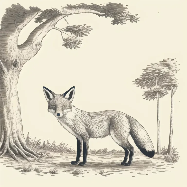 The image is a black and white drawing of a fox standing in a field. The fox is standing on all four legs, with its tail extended behind it. The fox's head is turned slightly to the left, and it is looking at the viewer. The fox is standing in a field, with a large tree to the left of it. The tree has a large, thick trunk, and its branches are bare. There is a small bush to the right of the fox. The ground is covered in grass. The image is drawn in a realistic style, and the artist has used shading to create depth and texture.