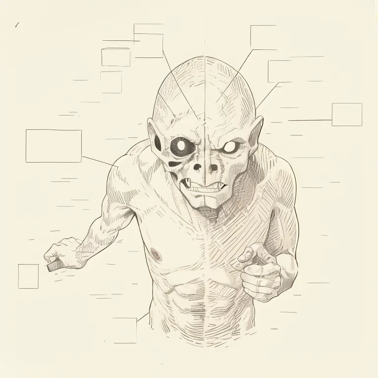 The image is a black and white drawing of a muscular man with a large head and a skull-like face. He has no nose and his eyes are sunken in. His mouth is open and he has a grimace on his face. The man is standing with his arms outstretched and his hands are clenched into fists. He is surrounded by a grid of lines and boxes, and there are labels indicating the different parts of his body. The man appears to be in pain and he looks like he is about to attack.