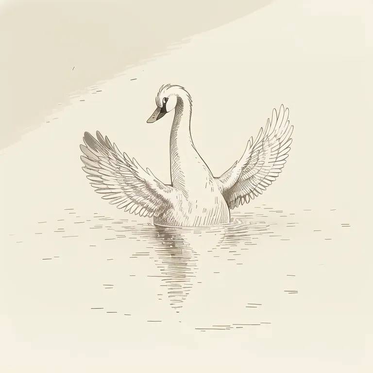 The image is a drawing of a swan with its wings spread open. The swan is standing in a lake, surrounded by water. The swan's wings are outstretched, and its head is turned to the left. The swan's body is covered in feathers, and its beak is open. The swan's feet are webbed, and its tail is long and pointed. The image is drawn in a realistic style, and the details of the swan's feathers and wings are clearly visible. The image is also drawn in a sepia tone, which gives it a warm and inviting feel.