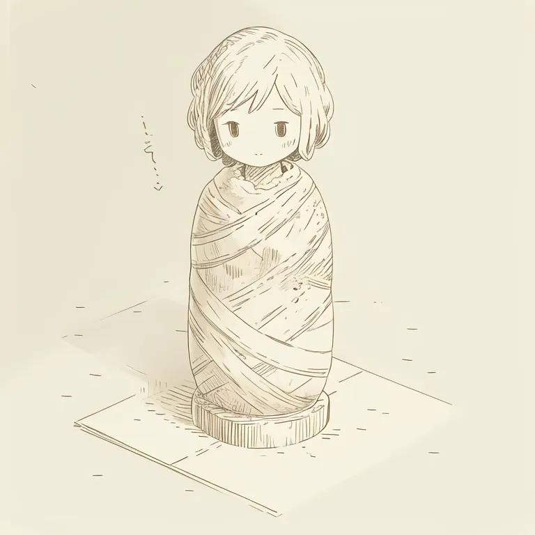 The image is a sketch of a small girl. She is standing on a wooden pedestal and is wrapped in bandages from head to toe. Her face is slightly visible, and she has a sad expression on her face. The background is a simple, light brown color.