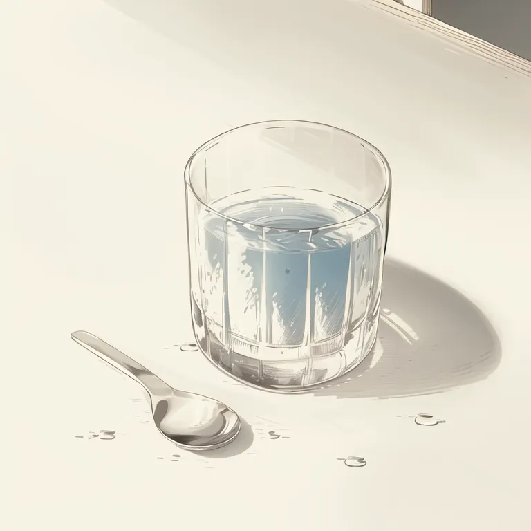 The image is a digital painting of a glass of water on a white table. The glass is half-full of water and there is a silver spoon sitting on the table to the right of the glass. There are also a few drops of water scattered on the table. The background is a very light grey and the light in the image is coming from the top left corner. The painting is very realistic and the artist has used a lot of detail to create the illusion of water.