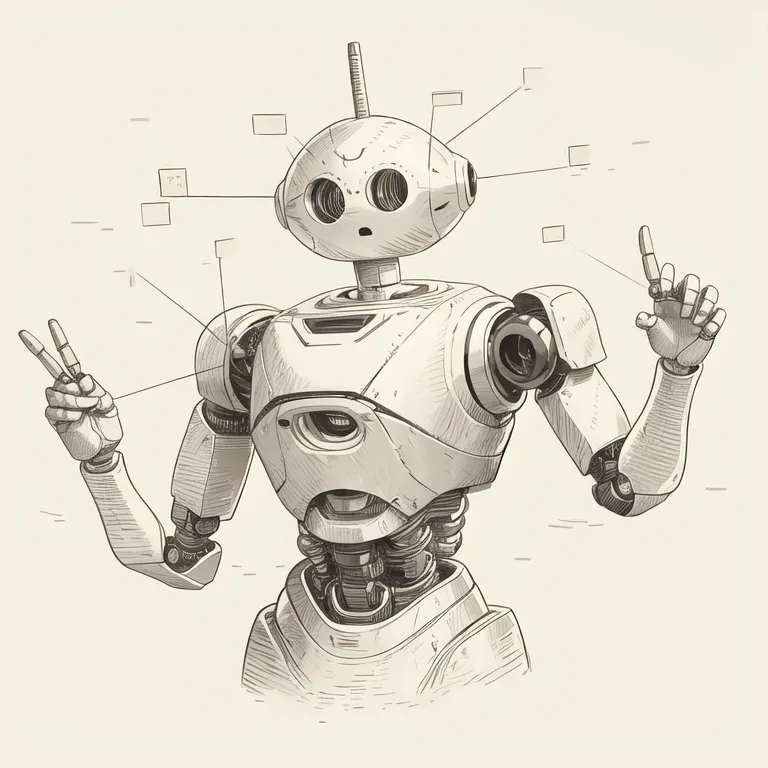 La imagen es un dibujo a línea en blanco y negro de un robot. El robot tiene una cabeza redonda con una pequeña antena en la parte superior y dos ojos grandes. Su cuerpo está compuesto por una serie de formas rectangulares y cilíndricas, y tiene dos brazos con tres dedos cada uno. El robot está parado sobre dos piernas y tiene una expresión feliz en su rostro. Está levantando las manos al aire.