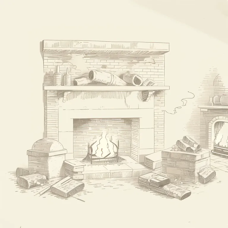 The image is a sketch of a fireplace. There is a fire burning in the fireplace, and there are some logs of wood stacked next to it. There is a brick mantel above the fireplace, on which there are some objects, including a couple of pipes. There is a small pile of kindling on the hearth. The bricks are drawn in detail, you can see the individual bricks.