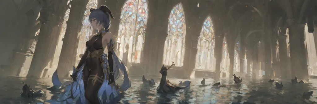 The image is of a woman standing in a flooded church. The woman is wearing a black and blue dress with a white cape. She has long blue hair and purple eyes. The church is in ruins, with water up to the woman's waist. There are broken pillars and statues all around. The woman is surrounded by a group of ducks. The image is post-apocalyptic and has a dark and eerie atmosphere.