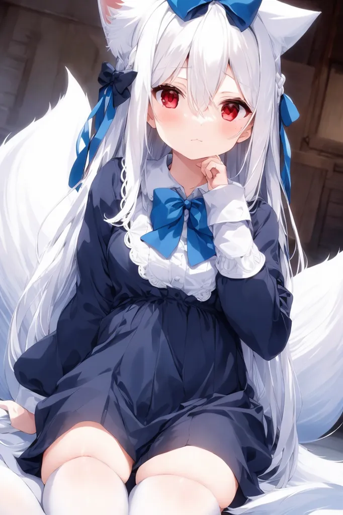 The image is of a young girl with white hair and red eyes. She is wearing a blue dress with a white collar and a blue bow in her hair. She has a fluffy white tail and cat ears. She is sitting on a bed and looking at the viewer with a curious expression.