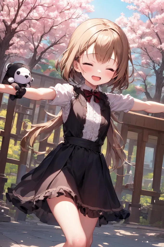 The image shows an anime girl with brown hair and blue eyes. She is wearing a white blouse, a black pinafore dress, and a red bow. She is also holding a panda plush toy. The girl is standing in a park, and there are cherry blossoms falling around her. She has a happy expression on her face, and she seems to be enjoying the day.