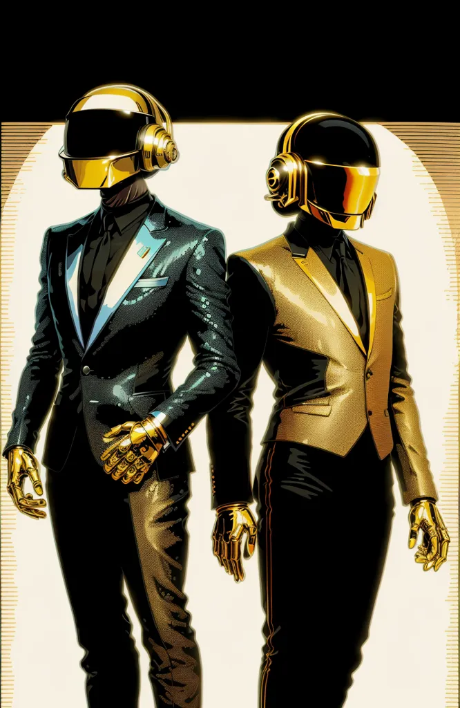 The image shows a pair of men in suits and golden robot helmets. They are both wearing black suits with golden gloves. The man on the left has a golden tie, while the man on the right has a black tie. They are both looking at the viewer with a serious expression. The background is a simple gradient from black to white.