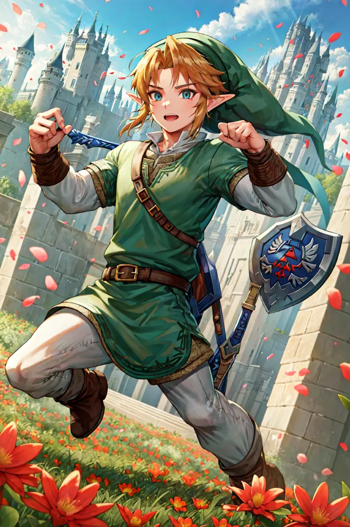 The image is of Link, the protagonist of the Legend of Zelda video game series. He is shown here in his iconic green tunic, with his sword and shield drawn. He is standing in a field of red flowers, with a castle in the background. The image is in a realistic style, with vibrant colors and detailed textures. Link is depicted as a young man with fair skin, blue eyes, and blond hair. He is wearing a green tunic, brown boots, and a green cap. He is also carrying a sword and shield. The background of the image is a castle, which is made of gray stone and has red flags flying from its towers. The sky is blue and there are clouds in the distance.